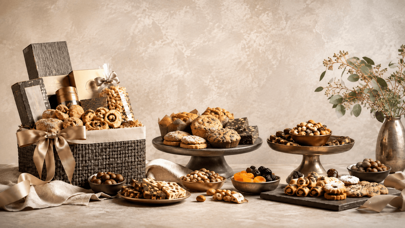 A styled gourmet food and gift arrangement on a tabletop against a textured beige wall. The scene includes a woven gift basket with boxes and ribbon, multiple pedestal platters and plates of assorted pastries, cookies, nuts, dried fruit, and a vase with eucalyptus branches.