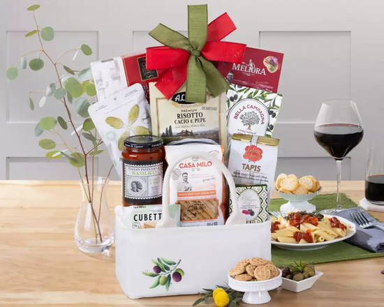 Italian themed gourmet gift basket with snacks  