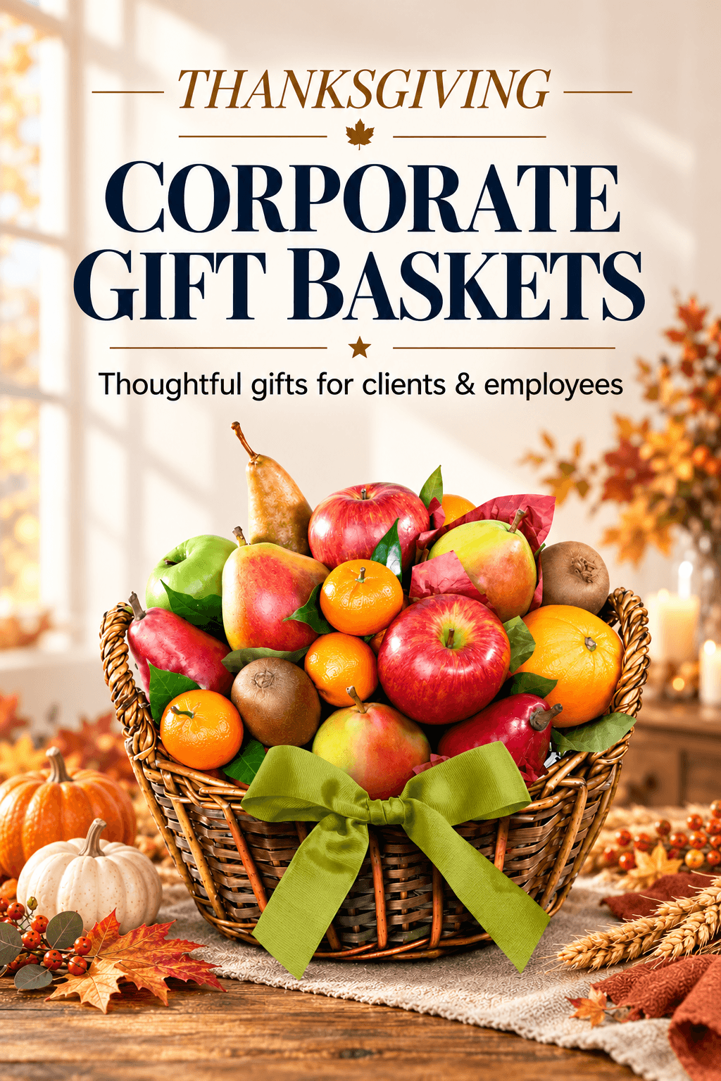 A wicker gift basket filled with assorted fall fruits and vegetables, tied with a green ribbon, displayed on a wooden table with autumn leaves, pumpkins, and wheat. Text on the left reads 'Thanksgiving Corporate Gift Baskets' with smaller text 'Thoughtful gifts for clients & employees'.