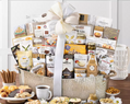 Grand gourmet gift basket with various snacks in a silver metal container