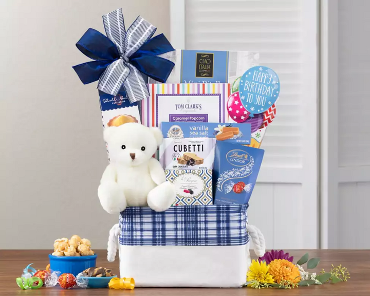 Birthday gift basket with teddy bear, snacks, cookies, chocolate for birthdays