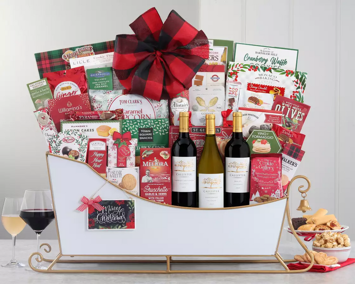 Large holiday wine sleigh with snacks